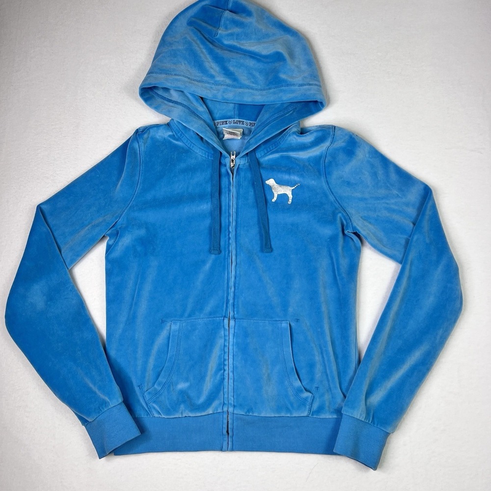 PINK Victoria's Secret Velour Blue Full Zip Up Hoodie Y2K Size M